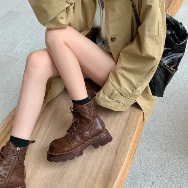 Lace-Up Genuine Platform Plain Short Boots Leather