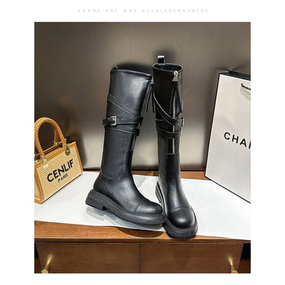 Boots Platform Tall Plain Faux Zip-Up Leather Buckled