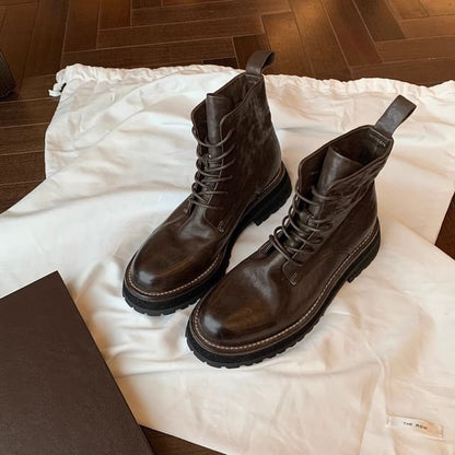 Short Boots Leather Lace-Up Genuine Plain Platform