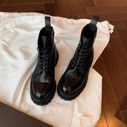 Short Boots Leather Lace-Up Genuine Plain Platform