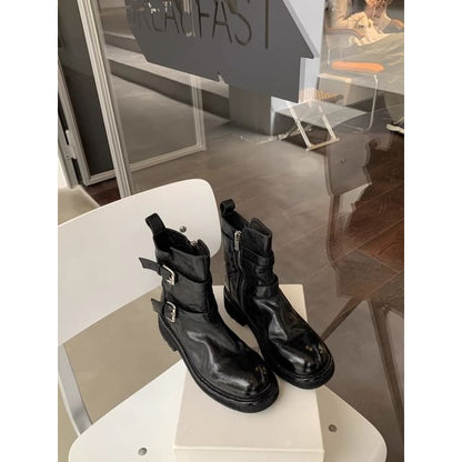 Genuine Buckled Boots Platform Plain Leather Short