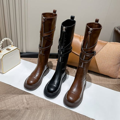 Boots Platform Tall Plain Faux Zip-Up Leather Buckled