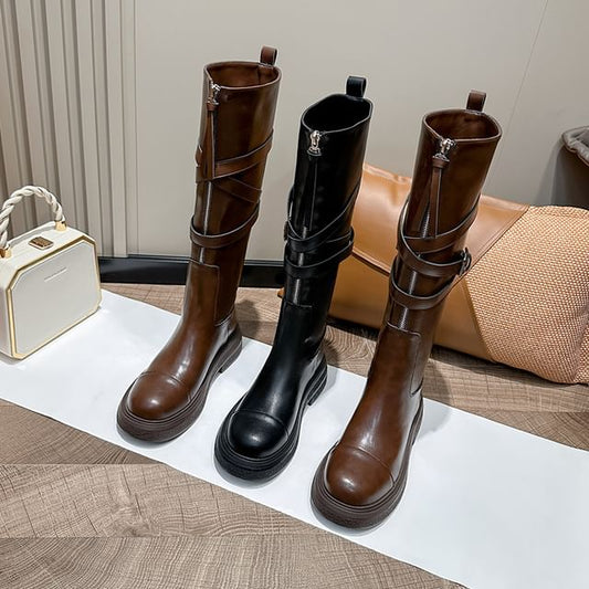 Boots Platform Tall Plain Faux Zip-Up Leather Buckled