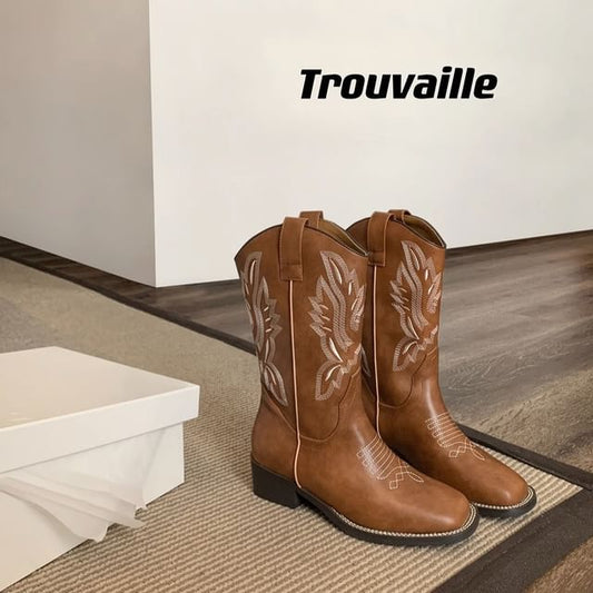 Heel Boots Faux Embroidered Chunky Leather Mid-Calf Cowboy