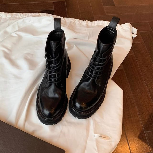 Short Boots Leather Lace-Up Genuine Plain Platform