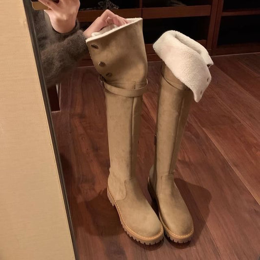 Plain Platform Boots Over-the-Knee Buckled