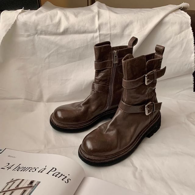 Genuine Buckled Boots Platform Plain Leather Short