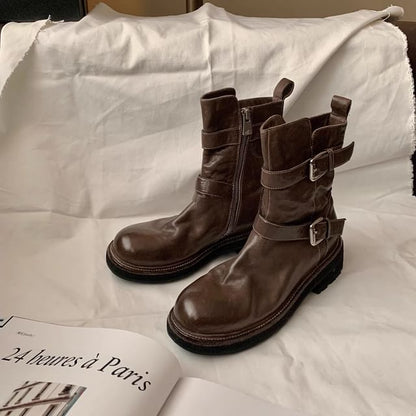 Genuine Buckled Boots Platform Plain Leather Short