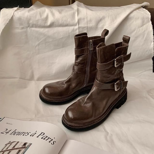 Genuine Buckled Boots Platform Plain Leather Short