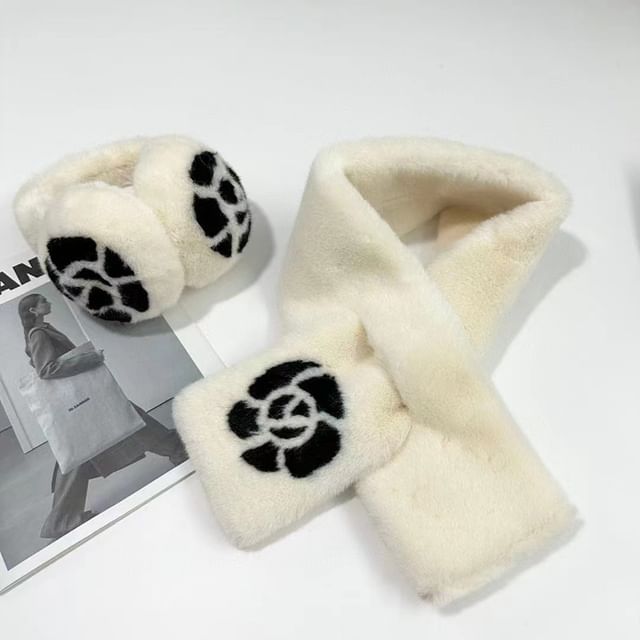 Ear Set / Scarf Bow Print Floral Muffs Fluffy