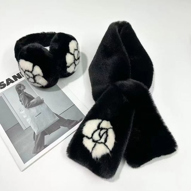 Ear Set / Scarf Bow Print Floral Muffs Fluffy