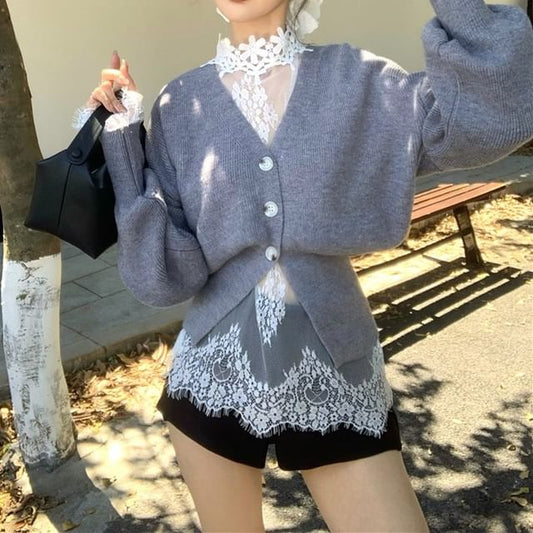 Cardigan / V-Neck High Button-Up Long-Sleeve Lace Top Neck
