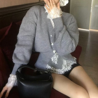 Cardigan / V-Neck High Button-Up Long-Sleeve Lace Top Neck
