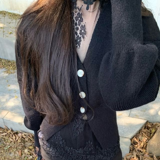 Cardigan / V-Neck High Button-Up Long-Sleeve Lace Top Neck