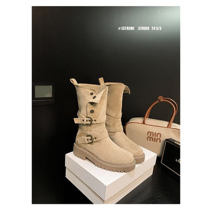 Buckled Boots Calf Mid Platform Button
