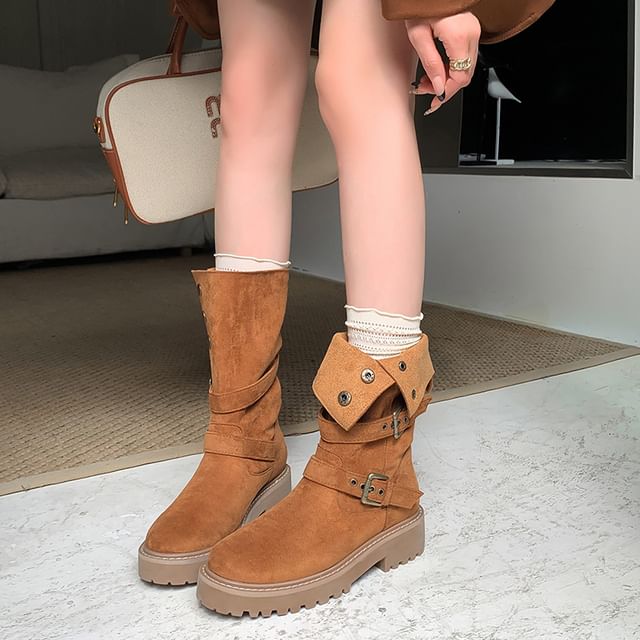 Buckled Boots Calf Mid Platform Button