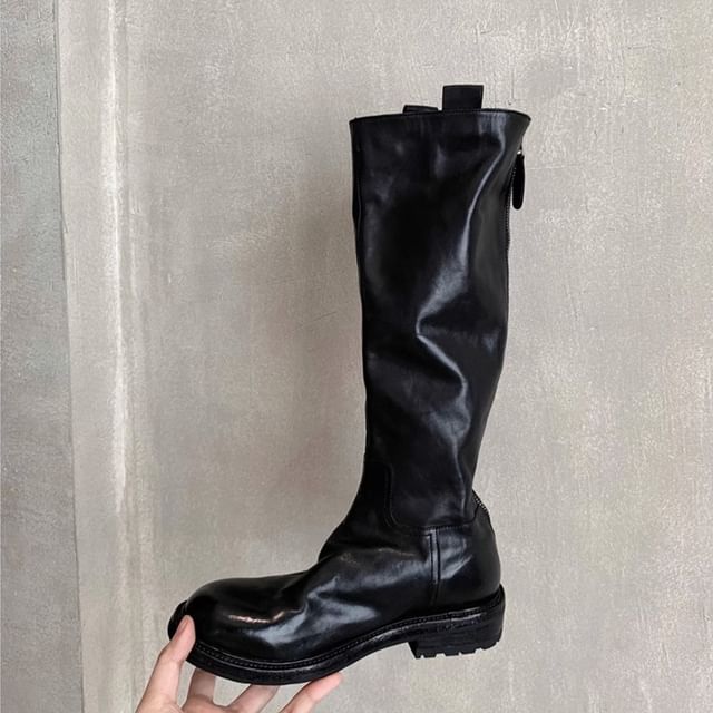 Tall Platform Genuine Plain Zip-Up Boots Leather