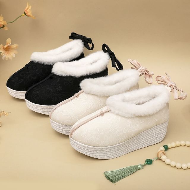 Fleece-Lined Platform Heel Bow Wedge Pumps