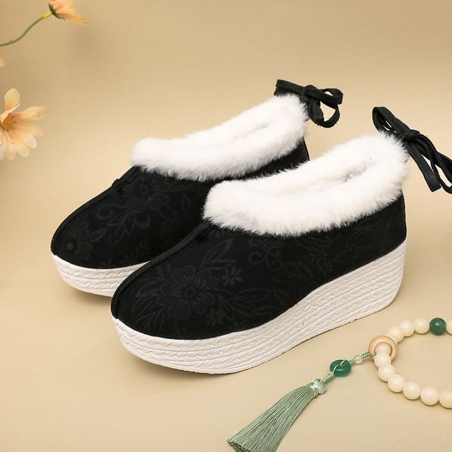 Fleece-Lined Platform Heel Bow Wedge Pumps