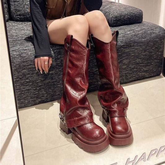 Boots Zip Knee Platform High Panel Buckled