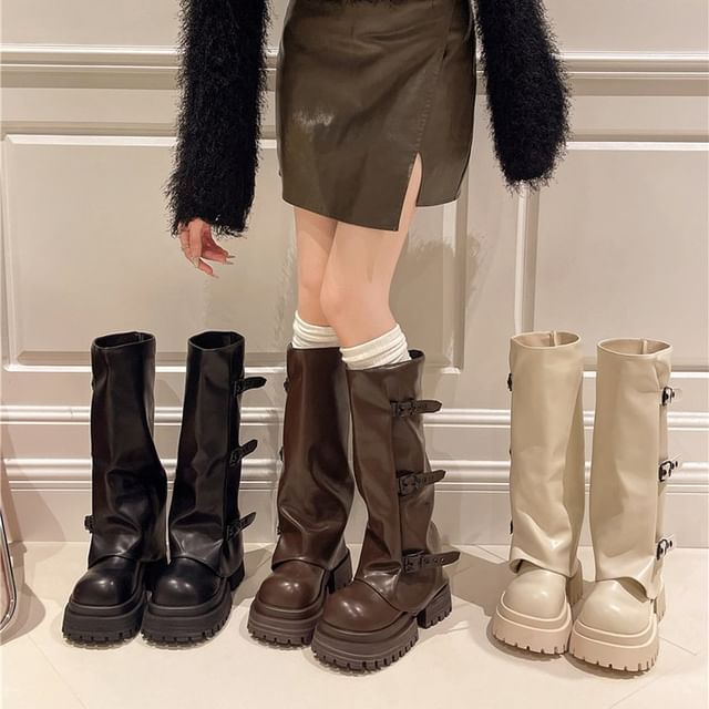Panel Buckled Platform Boots High Knee