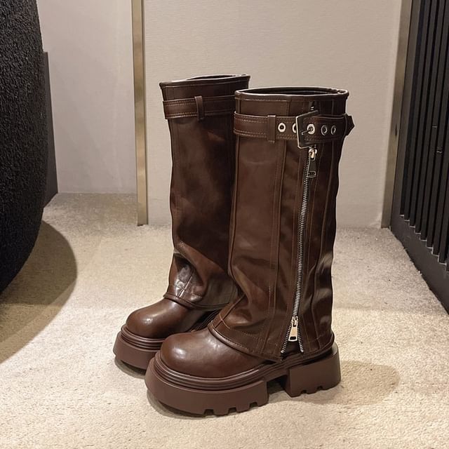 Panel Knee High Zip Platform Buckled Boots
