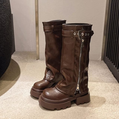 Panel Knee High Zip Platform Buckled Boots