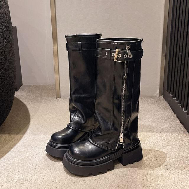 Panel Knee High Zip Platform Buckled Boots