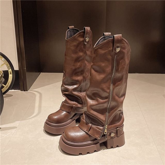 Boots Zip Knee Platform High Panel Buckled