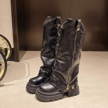 Boots Zip Knee Platform High Panel Buckled
