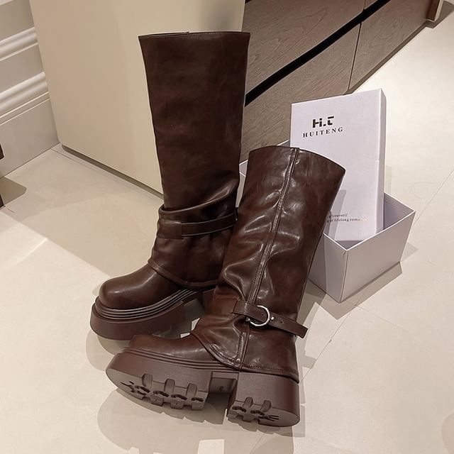 Panel Knee Platform Buckled High Boots