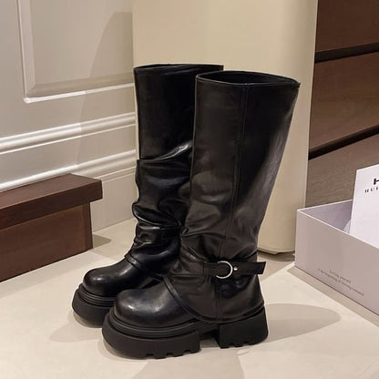 Panel Knee Platform Buckled High Boots