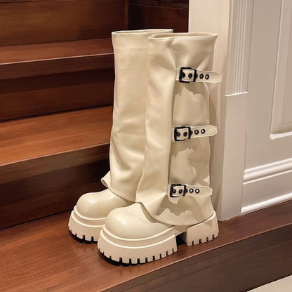 Panel Buckled Platform Boots High Knee
