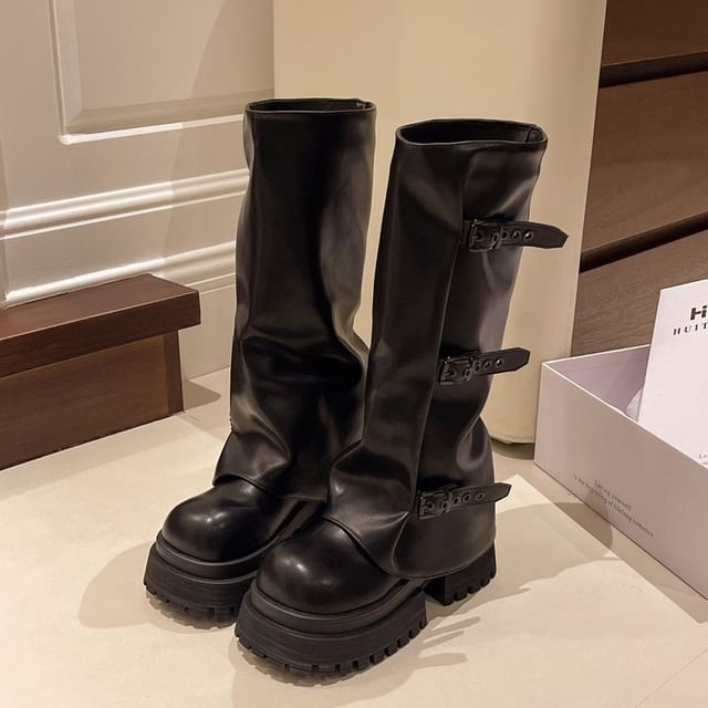 Panel Buckled Platform Boots High Knee