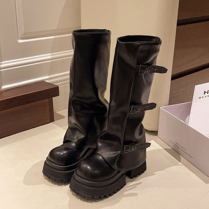 Panel Buckled Platform Boots High Knee