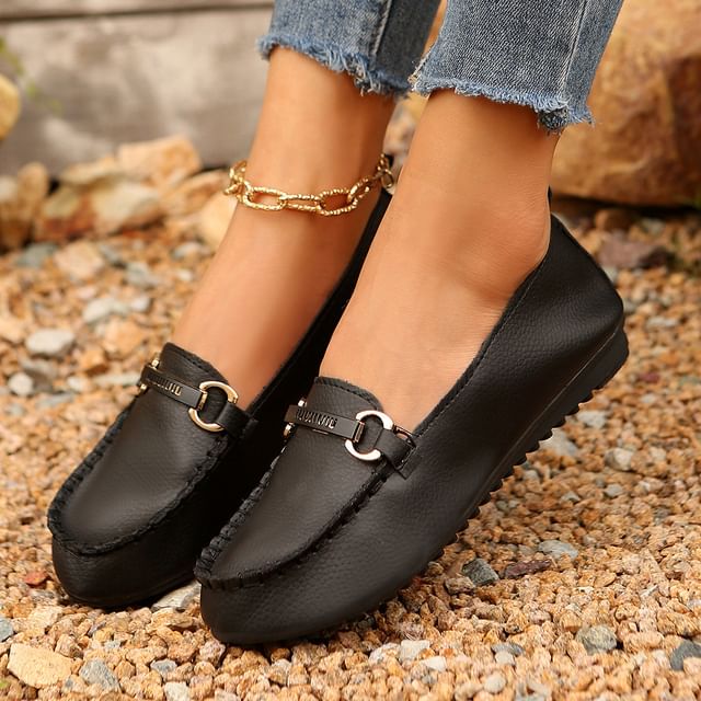 Faux Plain Leather Buckled Slip-Ons
