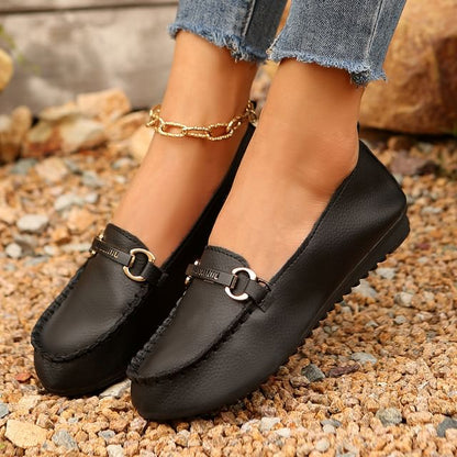 Faux Plain Leather Buckled Slip-Ons