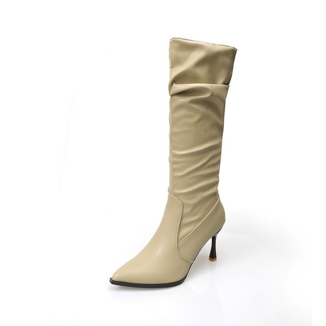 Faux Toe Tall High Plain Leather Heel Pointed Boots
