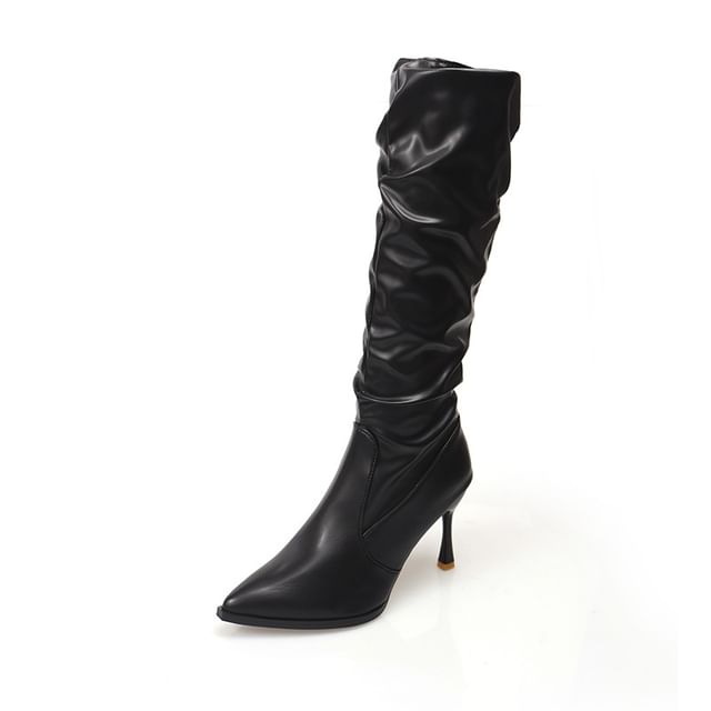 Faux Toe Tall High Plain Leather Heel Pointed Boots