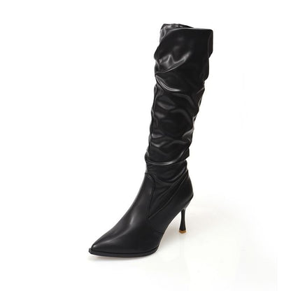 Faux Toe Tall High Plain Leather Heel Pointed Boots