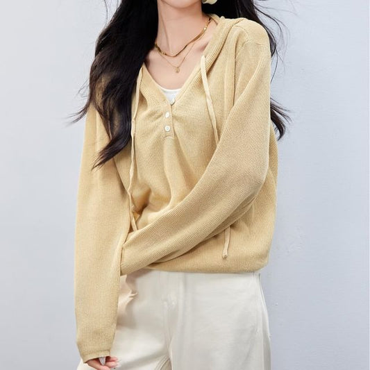 Knit Hoodie Two Two-Piece Mock V-Neck Tone