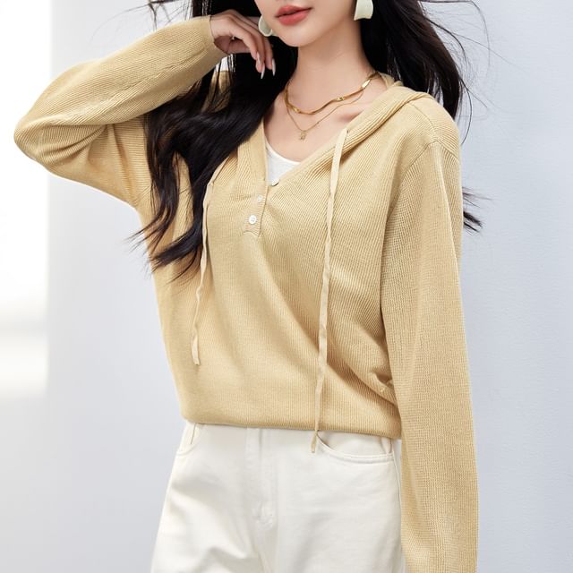 Knit Hoodie Two Two-Piece Mock V-Neck Tone