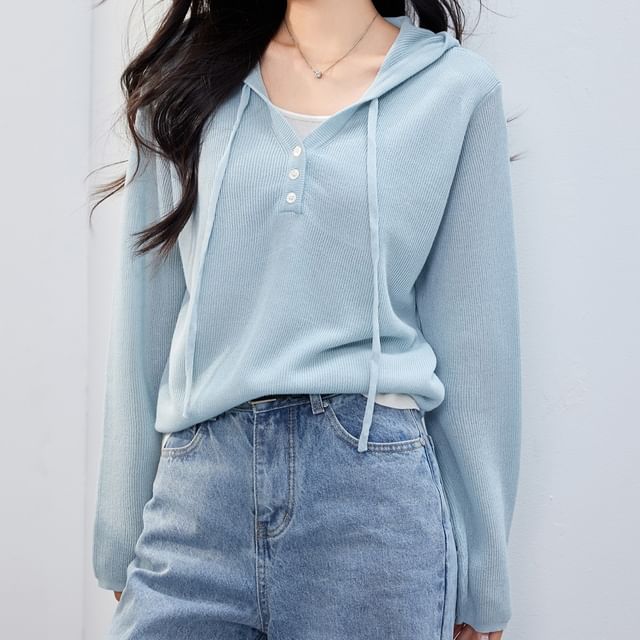 Knit Hoodie Two Two-Piece Mock V-Neck Tone