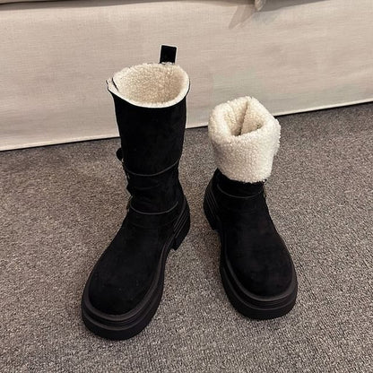 Calf Mid Faux Boots Fur Buckled