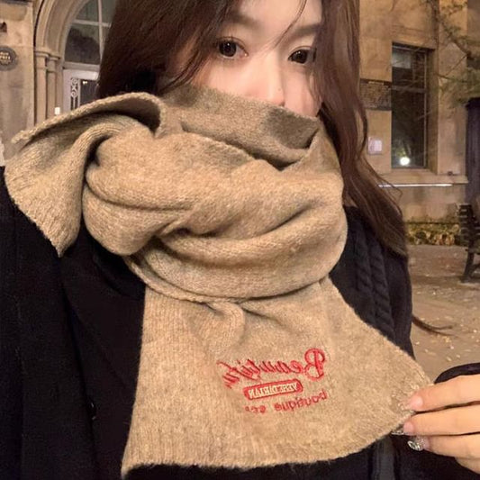 / Lettering Scarf Embroidered Plain Plaid