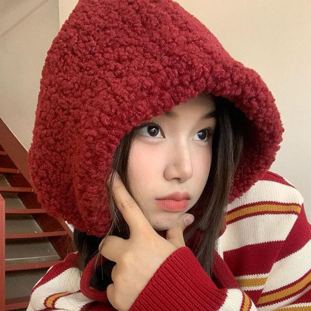 Tie-Up Fleece Beanie / Hat Cable Plain Knit