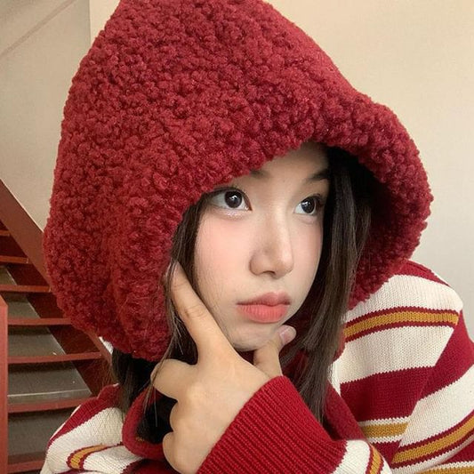 Tie-Up Fleece Beanie / Hat Cable Plain Knit