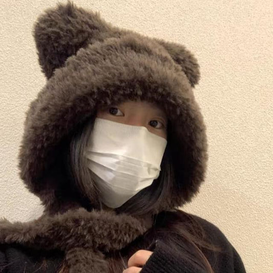 / Plain Beanie Ear Fluffy Bear Ribbed Hat