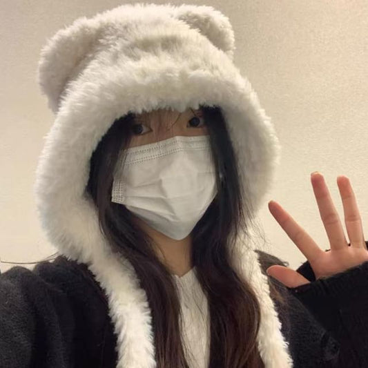 Bear Ribbed Plain / Fluffy Beanie Hat Ear