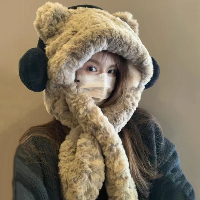 Hooded Ribbed Fluffy Ear Scarf Bear / Beanie